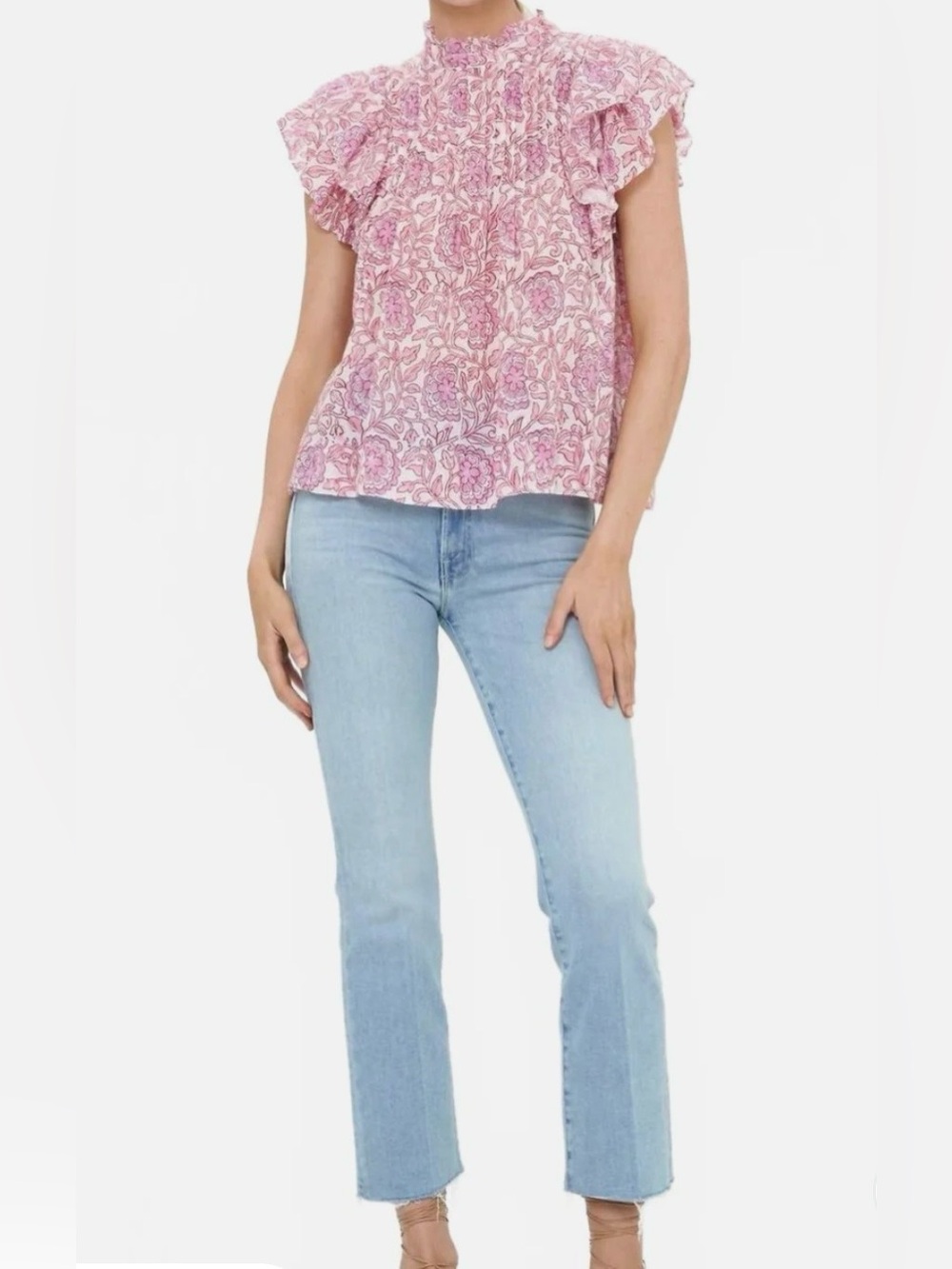 NWT Oliphant Pintuck Ruffle Top Malta Pink Size Small